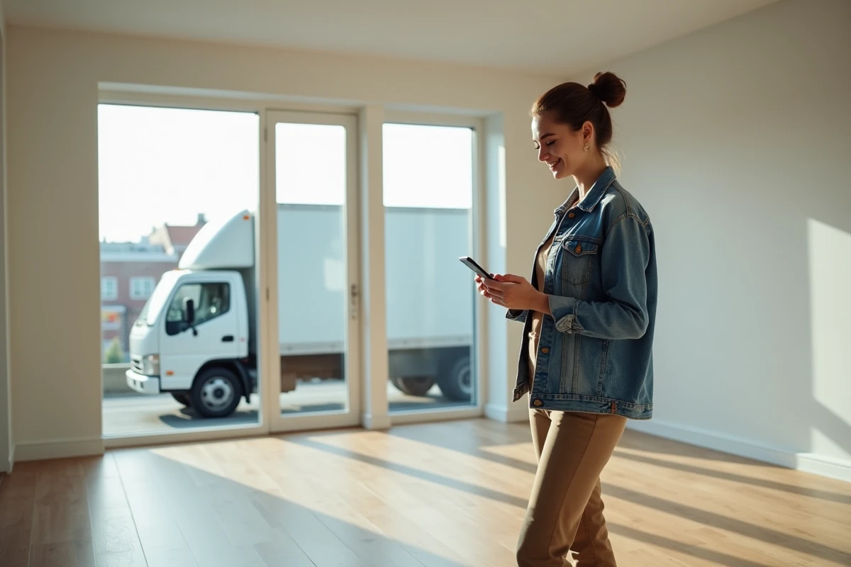 Jeune femme souriante utilisant son smartphone dans un appartement vide