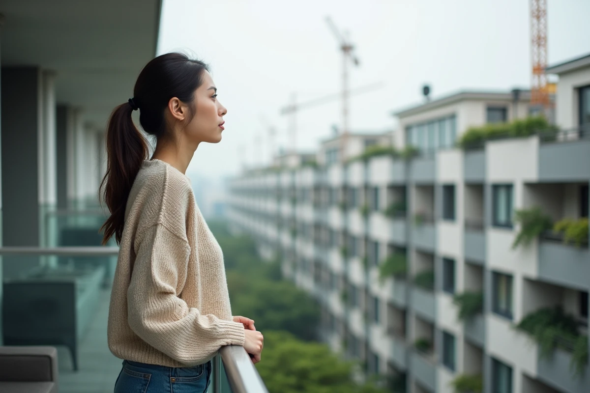 Jeune femme sur un balcon regardant la ville