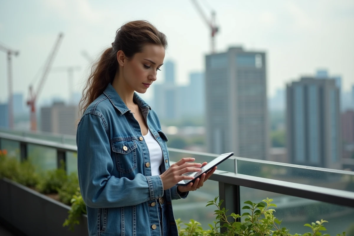 Femme regardant une tablette sur un balcon avec vue sur la ville