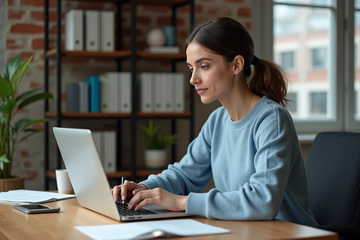 Femme concentrée travaillant sur son ordinateur dans un appartement