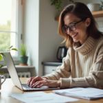 Femme élégante travaillant dans une cuisine lumineuse à Paris