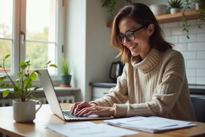 Femme élégante travaillant dans une cuisine lumineuse à Paris