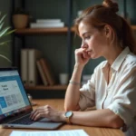 Femme d'âge moyen utilisant le portail Foncia sur son ordinateur dans un bureau moderne