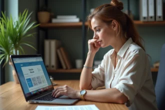 Femme d'âge moyen utilisant le portail Foncia sur son ordinateur dans un bureau moderne