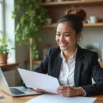 Femme souriante au bureau avec documents et ordinateur