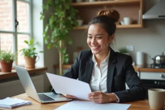 Femme souriante au bureau avec documents et ordinateur