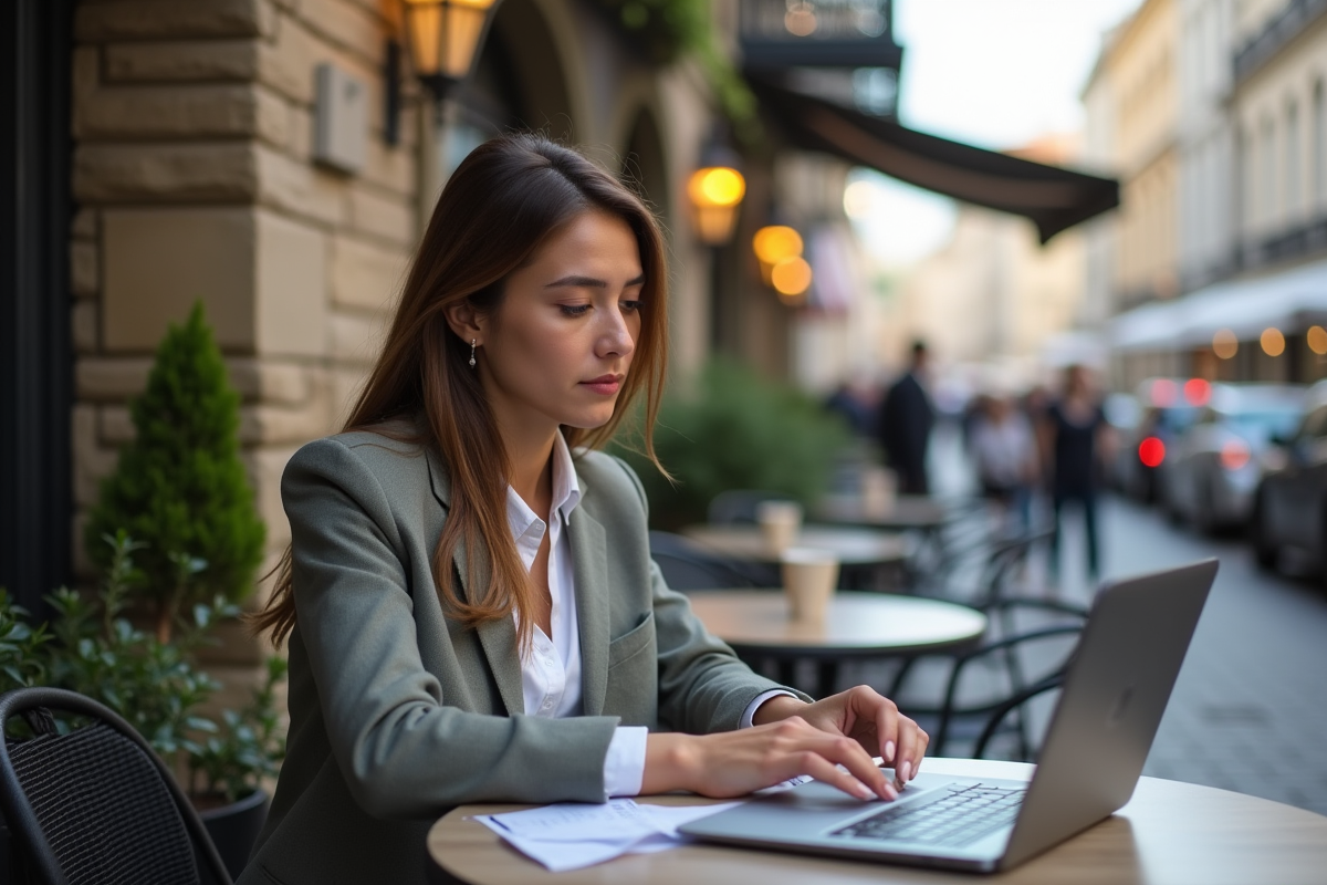 Jeune femme gérant des feuilles de calcul au café en extérieur