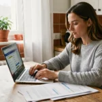 Femme comparant des offres d'assurance habitation pas chère sur son ordinateur portable dans une cuisine chaleureuse