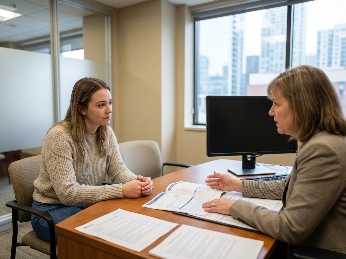 Femme discutant avec une conseillère bancaire dans un bureau professionnel