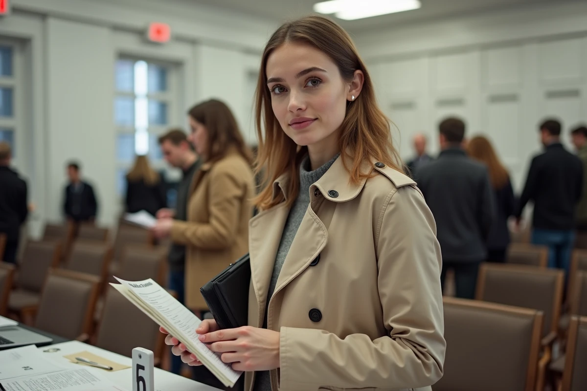 Femme consultant les lots lors d'une vente aux enchères de box abandonnés dans une salle française