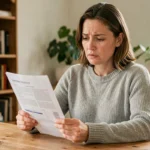 Femme consultant un contrat d'assurance habitation à sa table de cuisine pour changer de couverture