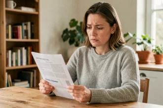Femme consultant un contrat d'assurance habitation à sa table de cuisine pour changer de couverture
