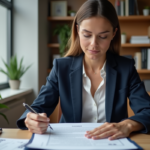 Femme professionnelle examine un contrat de location dans un intérieur moderne