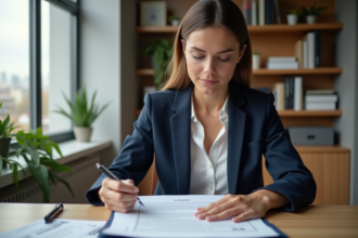 Femme professionnelle examine un contrat de location dans un intérieur moderne