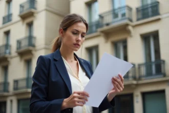 Femme tenant un contrat de location devant un immeuble parisien, illustrant la hausse des loyers en 2026 selon les villes