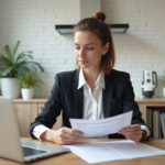 Femme professionnelle examine des documents d'assurance dans une cuisine moderne