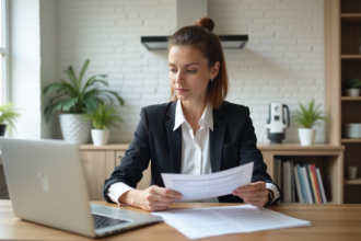 Femme professionnelle examine des documents d'assurance dans une cuisine moderne