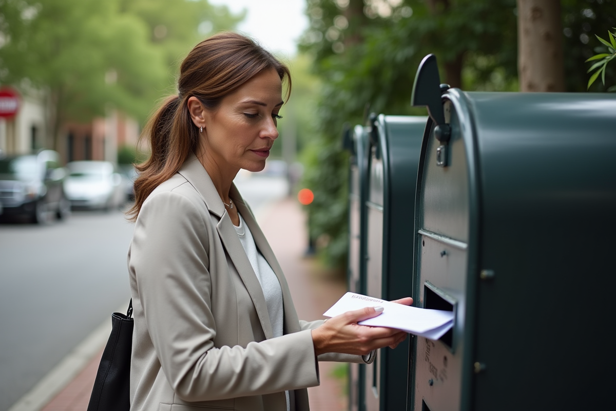Femme déposant une enveloppe de redirection dans une boîte aux lettres extérieure