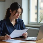 Femme consultant son dossier de demande HLM sur table avec documents officiels et ordinateur portable