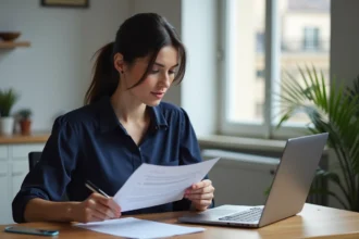 Femme consultant son dossier de demande HLM sur table avec documents officiels et ordinateur portable