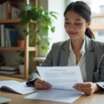 Femme consultant un dossier de location immobilière pour accéder à un logement social ou une maison en location