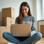 Jeune femme avec ordinateur dans un appartement en transition