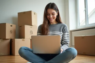 Jeune femme avec ordinateur dans un appartement en transition