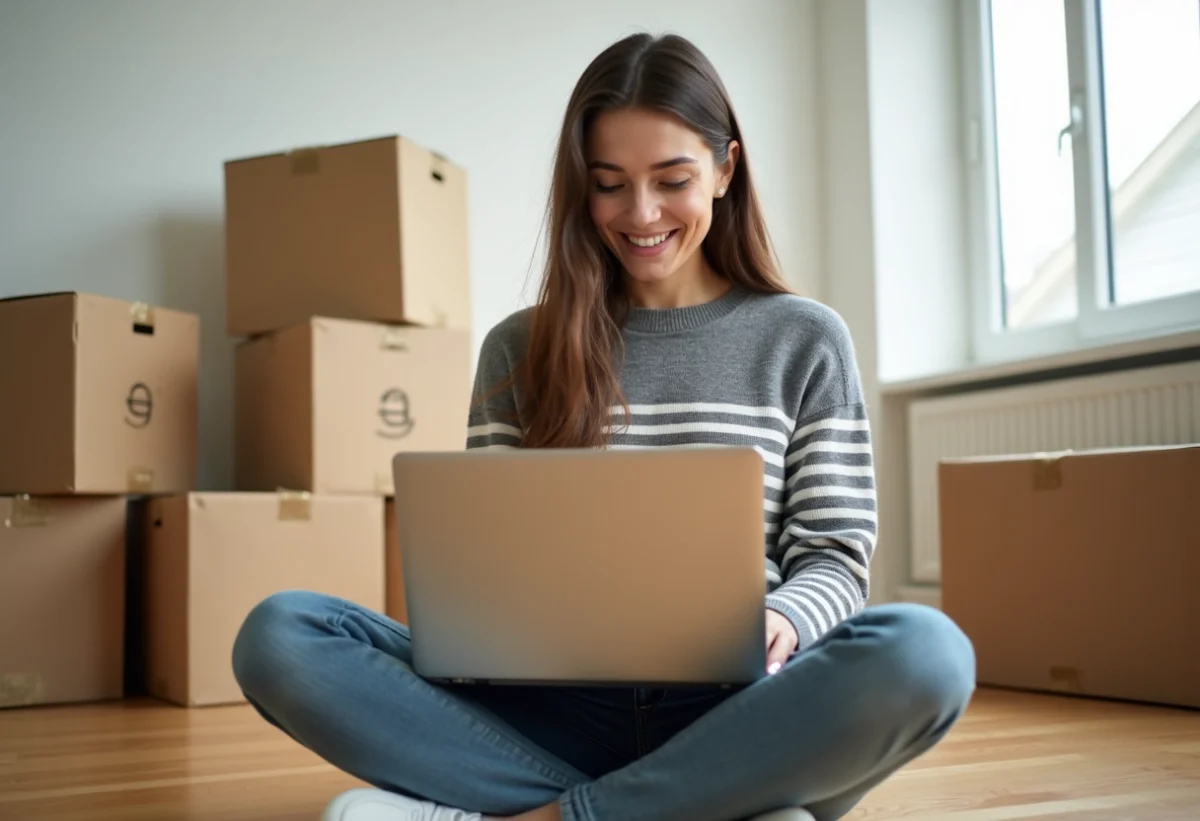 Jeune femme avec ordinateur dans un appartement en transition