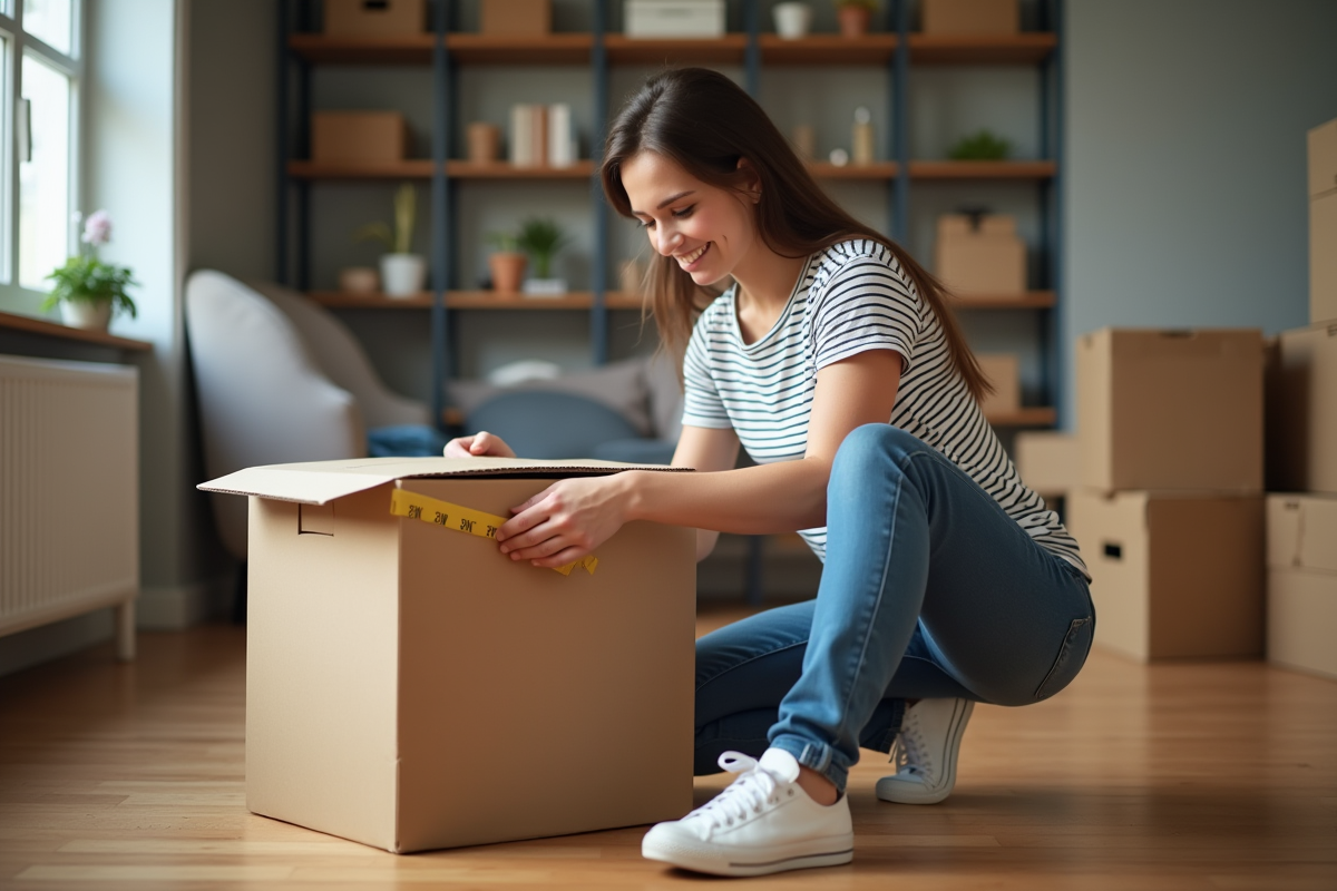 Jeune femme emballant une boîte de déménagement dans un appartement