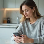 Femme consultant son espace client Foncia sur smartphone dans une cuisine moderne