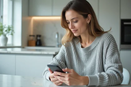 Femme consultant son espace client Foncia sur smartphone dans une cuisine moderne