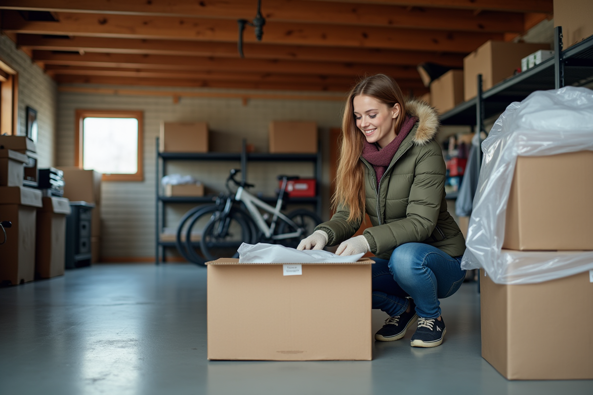 Jeune femme étiquetant une boîte dans un garage