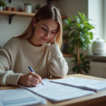 Jeune femme remplissant des formulaires de logement à la maison