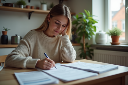 Jeune femme remplissant des formulaires de logement à la maison