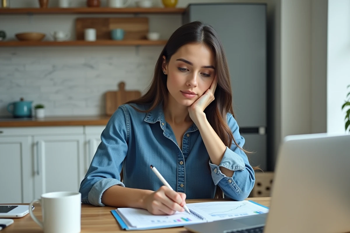 Jeune femme analysant des graphiques financiers à la maison