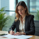 Femme en blazer examinant documents de mortgage au bureau