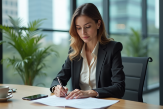 Femme en blazer examinant documents de mortgage au bureau