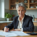Femme d'âge moyen examinant des documents immobiliers à la maison