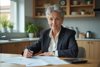 Femme d'âge moyen examinant des documents immobiliers à la maison