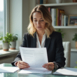 Femme confiante examinant documents immobiliers dans un bureau lumineux
