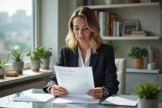 Femme confiante examinant documents immobiliers dans un bureau lumineux