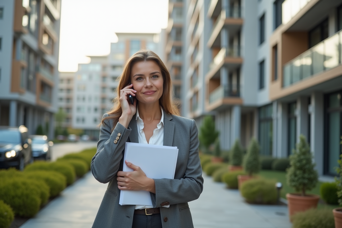 Jeune femme en extérieur avec dossier immobilier et appel