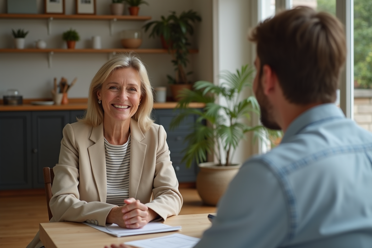 Femme souriante rencontre agent immobilier dans cuisine