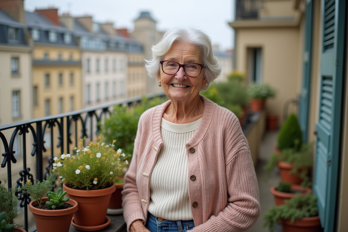 Femme âgée avec plantes sur balcon parisien