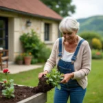 Femme souriante dans son jardin en Saône et Loire