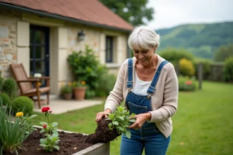 Femme souriante dans son jardin en Saône et Loire