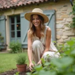 Femme plantant des herbes dans un jardin en Gers