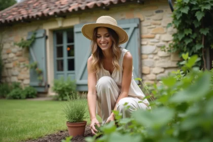 Femme plantant des herbes dans un jardin en Gers