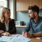 Femme et jeune homme discutent de documents de location
