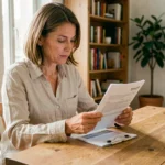 Femme lisant un contrat d'assurance habitation MAE à sa table de cuisine dans un appartement moderne